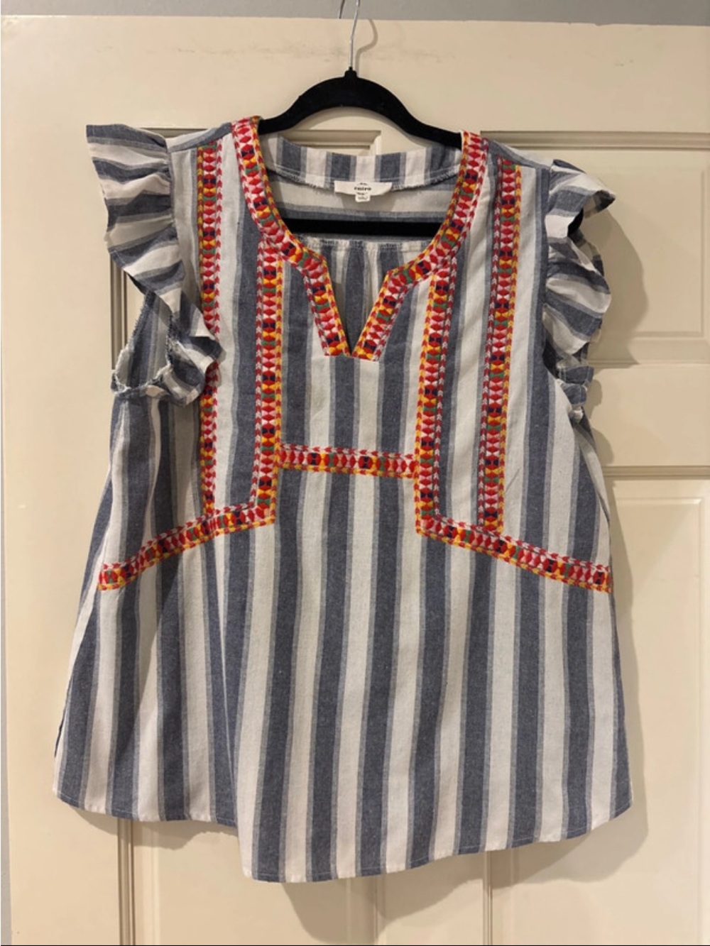 entro Blue & White Striped Embroidered Ruffle Sleeve Top